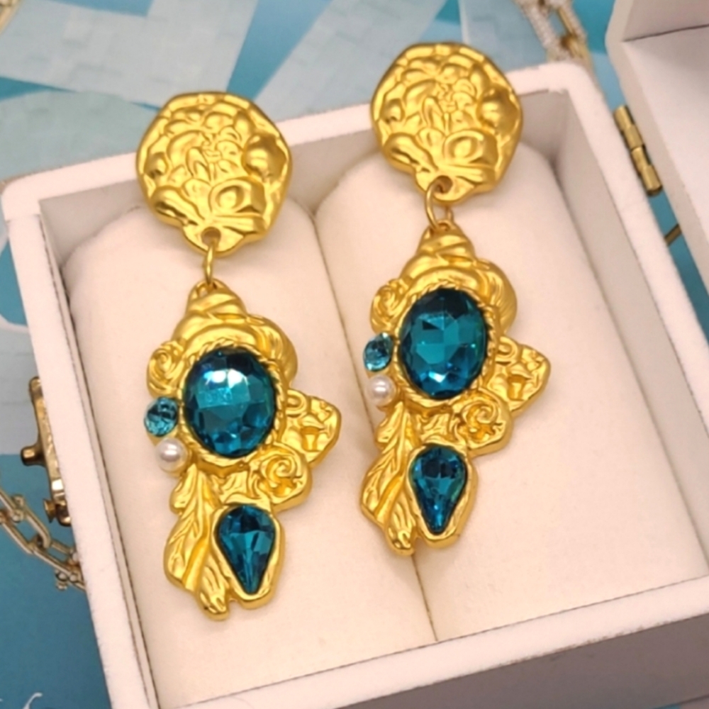 Vintage Estate Baroque Palace Blue Crystal Gold Drop Earrings
